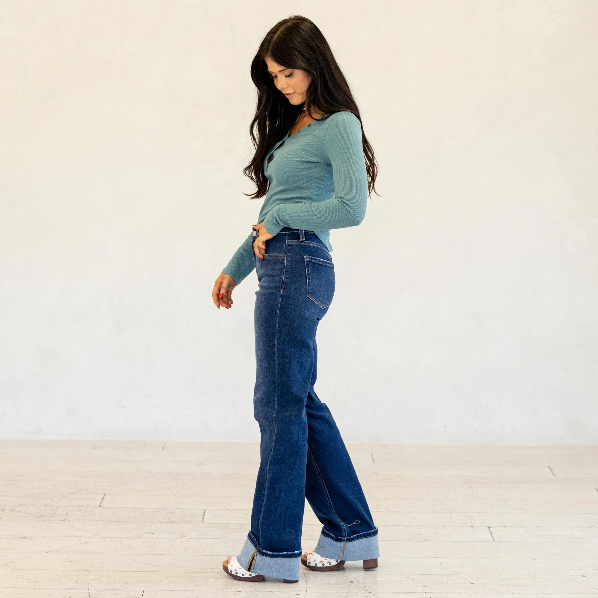Lovervet Midnight Ease High Rise Cuffed Wide Leg Jeans Dark Blue Wash Circular Knit Construction Easy Pairing