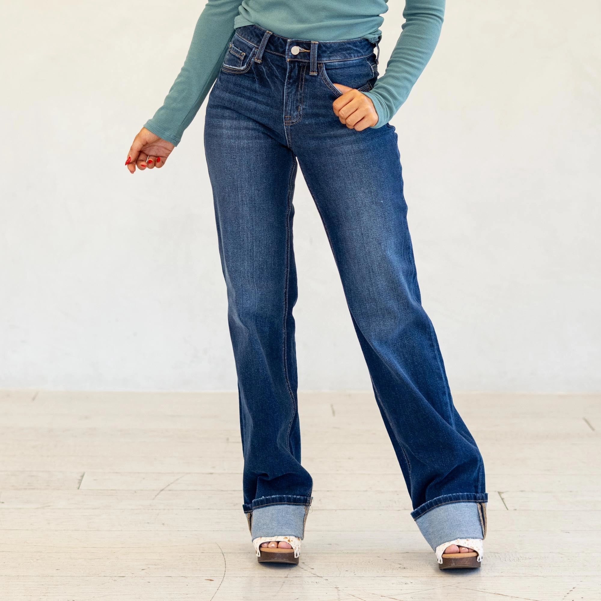 Lovervet Midnight Ease High Rise Cuffed Wide Leg Jeans Dark Blue Wash Classic Item Streetwear Fan Minimalist Style