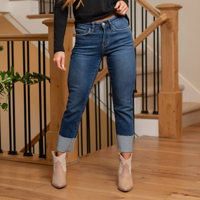 LOVERVET Sagacity High Rise Cuffed Slim Straight Leg Regular & Plus Sizes Dark Blue Wash Easy Outfit