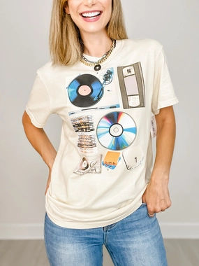 Temperature Regulating Fabric Ventilated Back Panels Vintage Music & Media Collage Graphic Tee