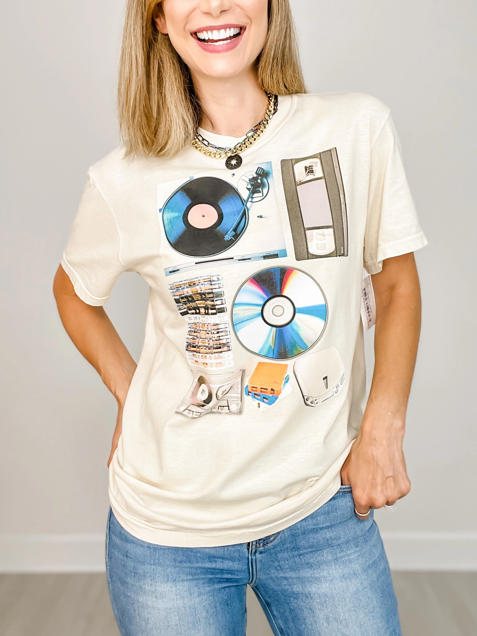 Temperature Regulating Fabric Ventilated Back Panels Vintage Music & Media Collage Graphic Tee