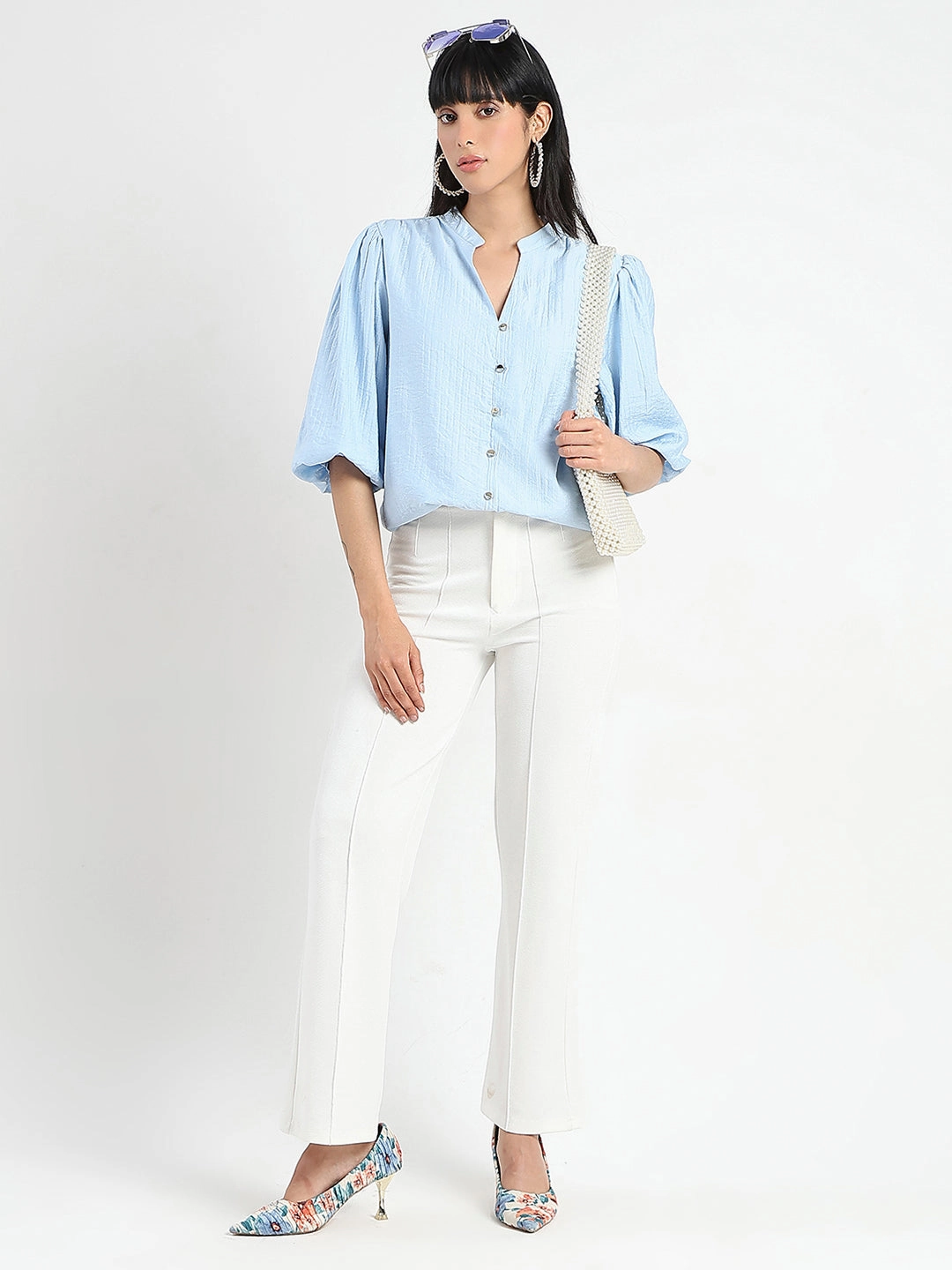 Madame Textured Ruffle Neck Rayon Blend Blue Top VNeckline Layered Placket Design