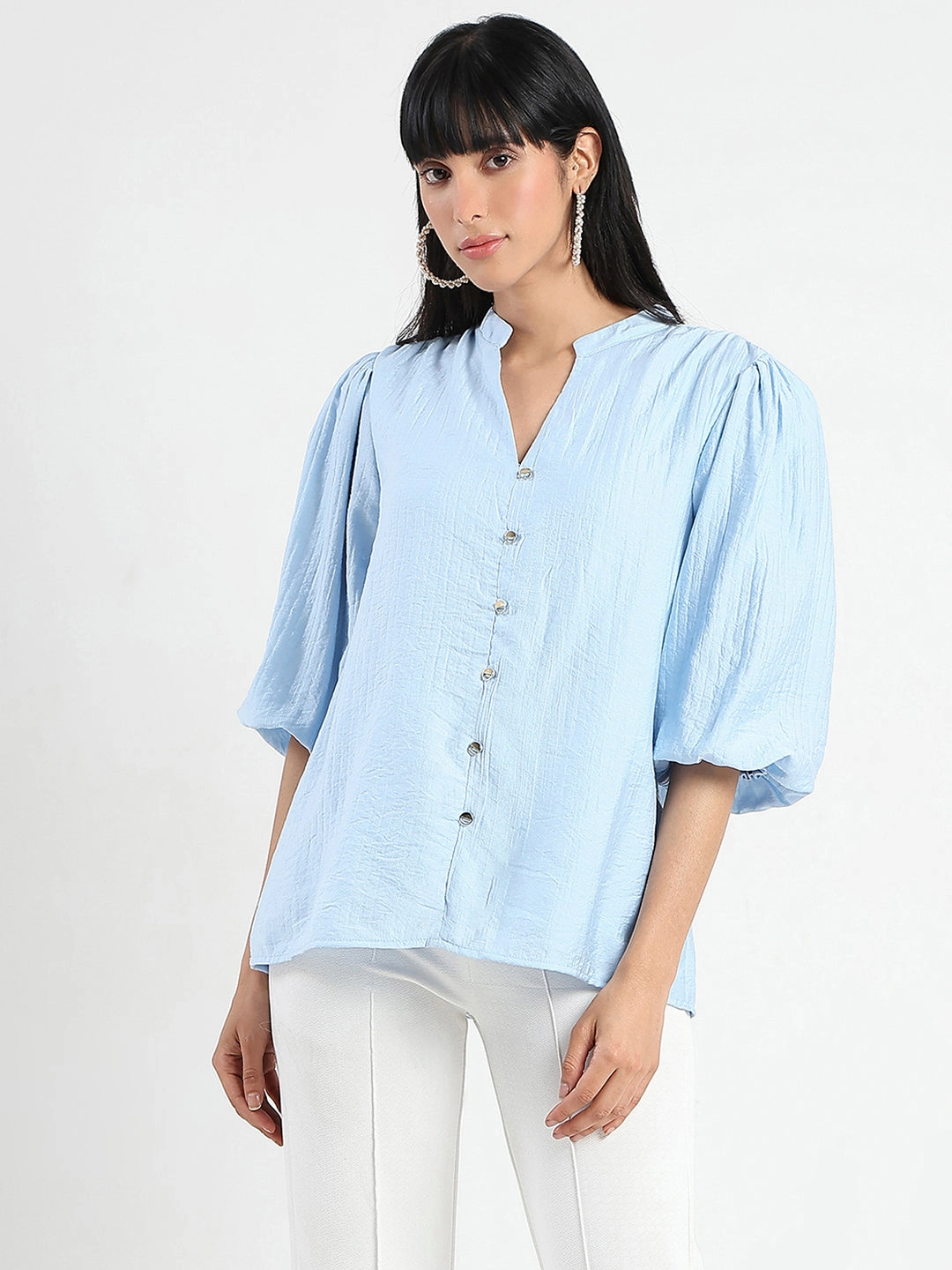 HighNeckCut Madame Textured Ruffle Neck Rayon Blend Blue Top