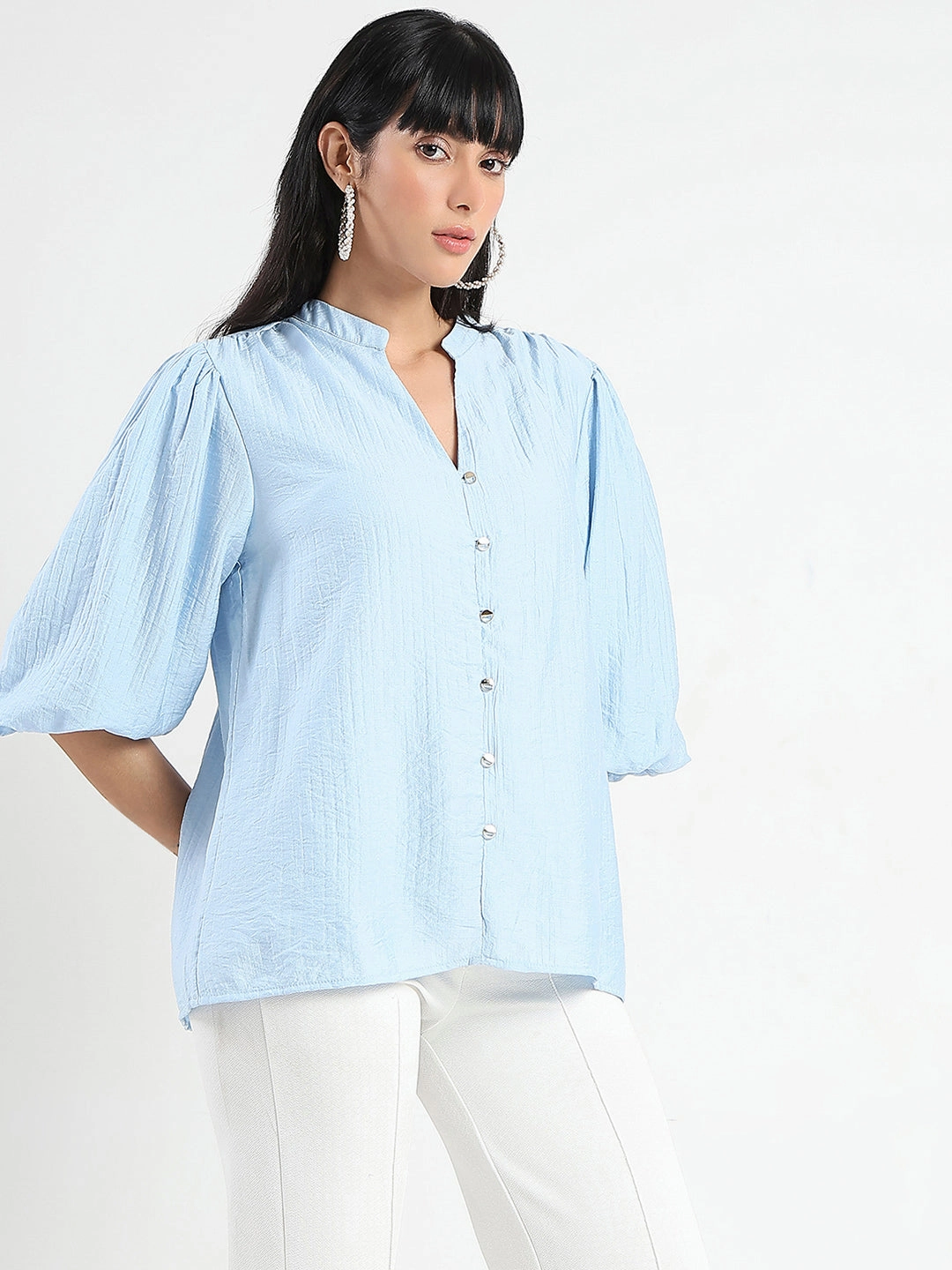 Yarn Dyed Stripes Madame Textured Ruffle Neck Rayon Blend Blue Top