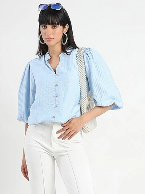 summer top AdjustableHemCuffs Madame Textured Ruffle Neck Rayon Blend Blue Top