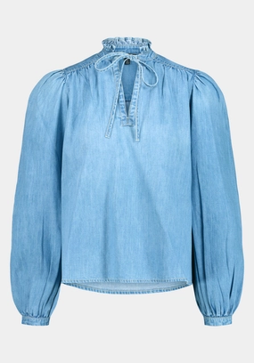 Lowen Women's Ruffled Tie-Neck Denim Blouse, True Blue - WT0212 Embroidered Logo