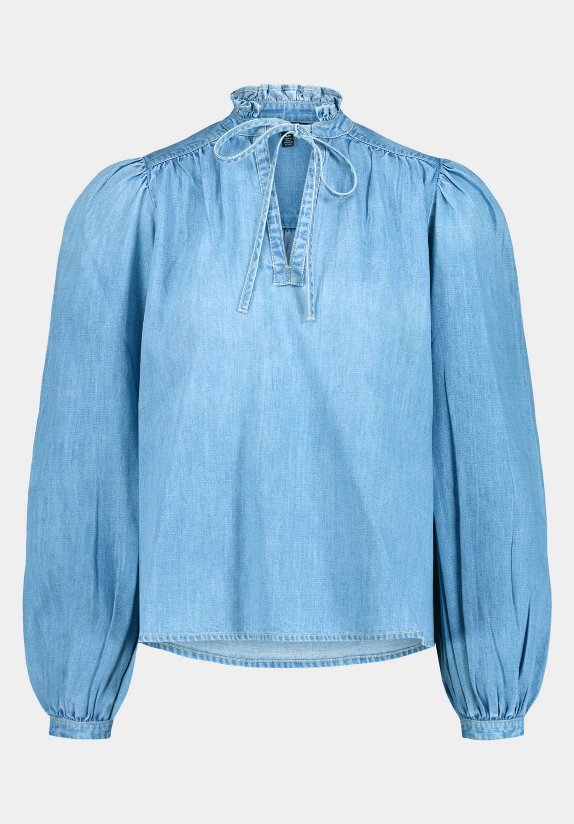No Bulk Layering System Fashion Statement Lowen Women's Ruffled Tie-Neck Denim Blouse, True Blue - WT0212