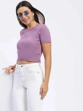 Non Irritating Seams Madame Ribbed Round Neck Bodycon Solid Lilac Top