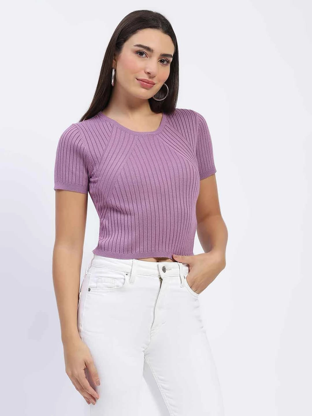 Madame Ribbed Round Neck Bodycon Solid Lilac Top Adjustable Cuffs Organic Cotton Fiber