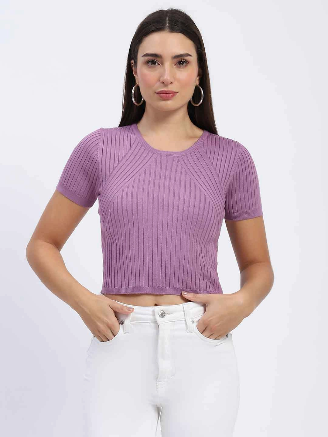 FrenchTerryTexture Madame Ribbed Round Neck Bodycon Solid Lilac Top
