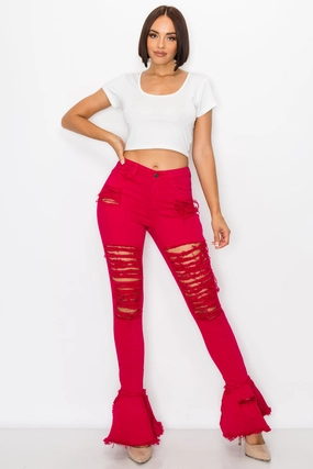 Foundation Piece 2051 Women's High Waisted Distressed Raw Hem Frayed Flare Jeans