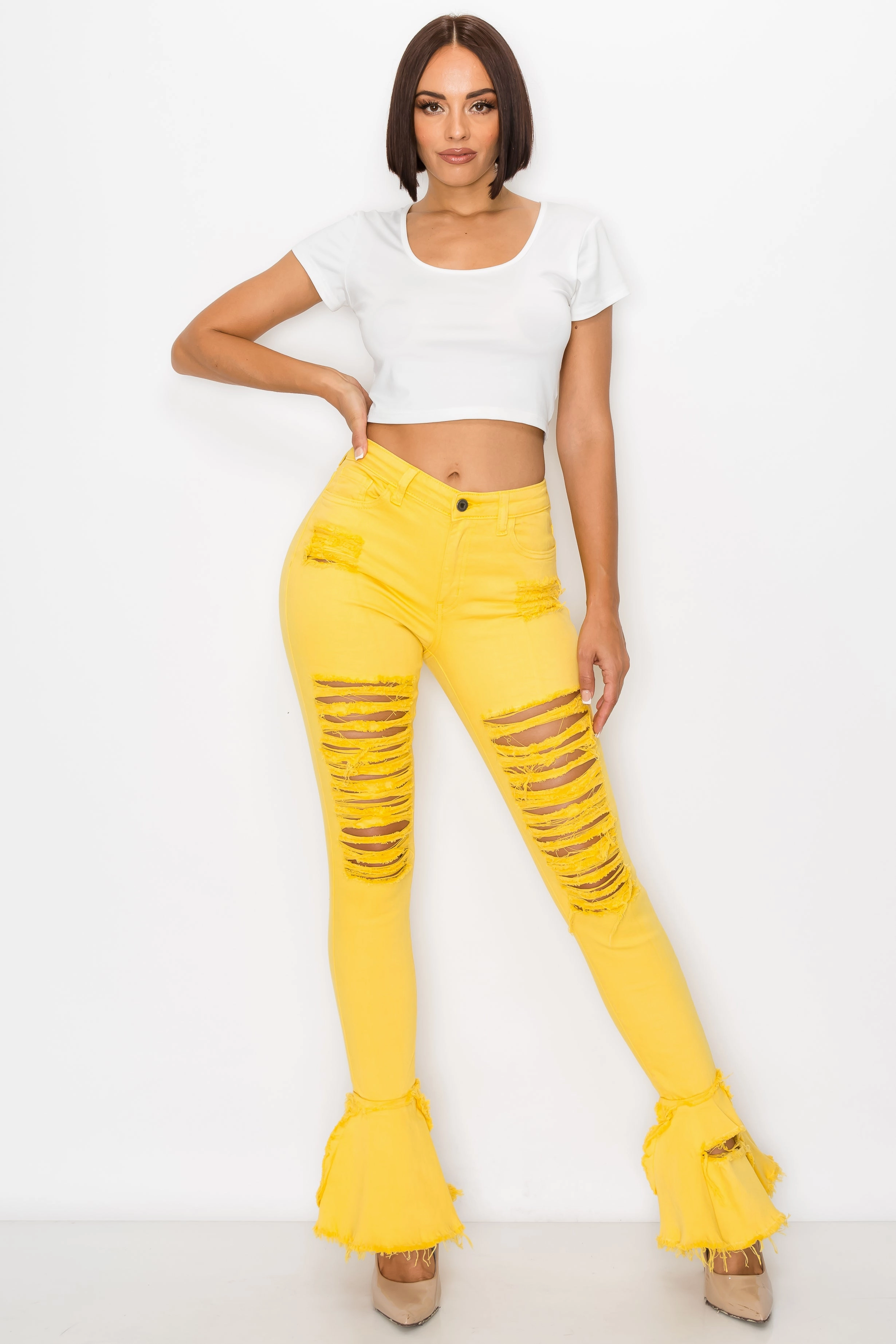 Teen Outfit Outdoor Adventure Sunny Vibes All Time Basic 2051 Women's High Waisted Distressed Raw Hem Frayed Flare Jeans