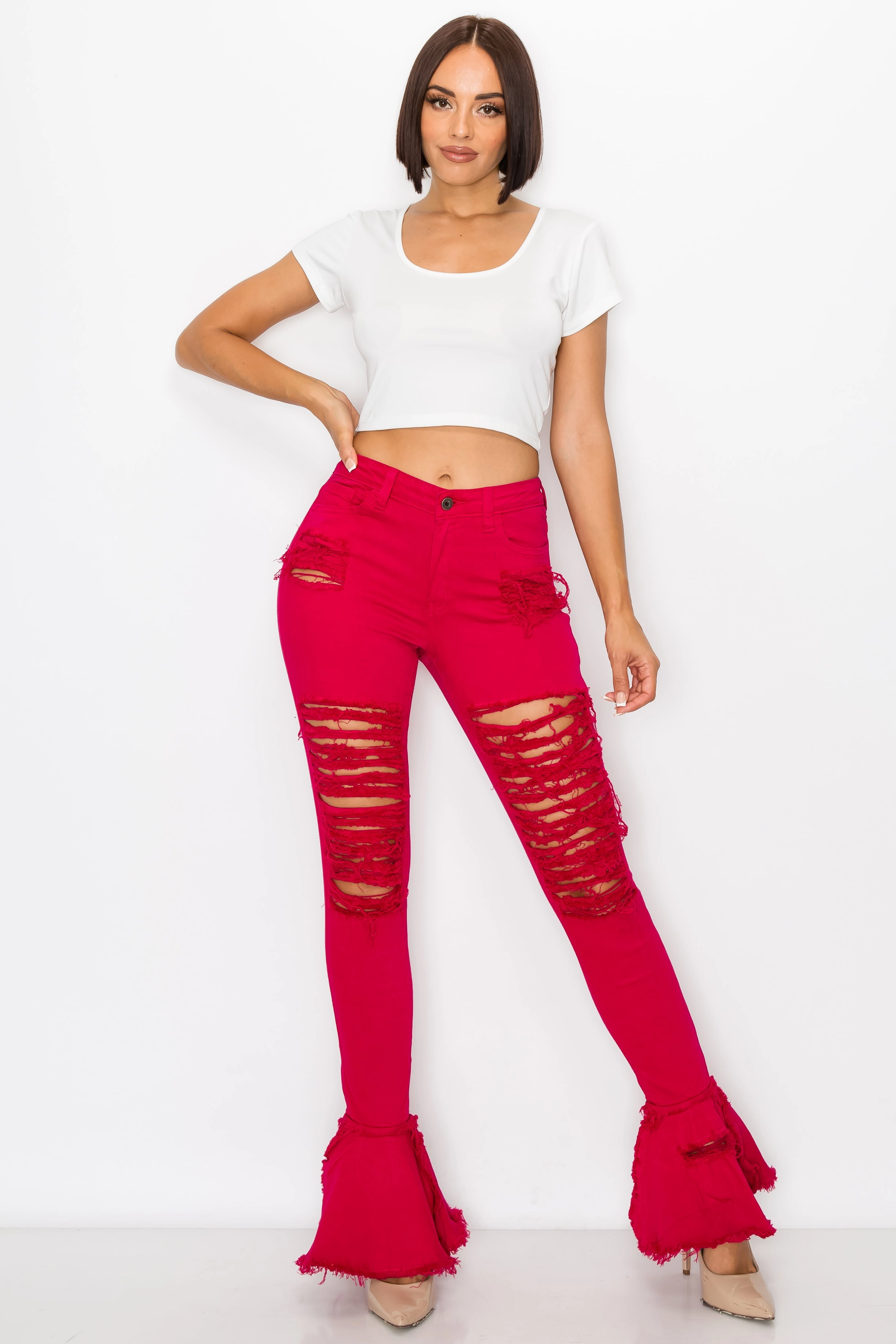 Foundation Piece 2051 Women's High Waisted Distressed Raw Hem Frayed Flare Jeans