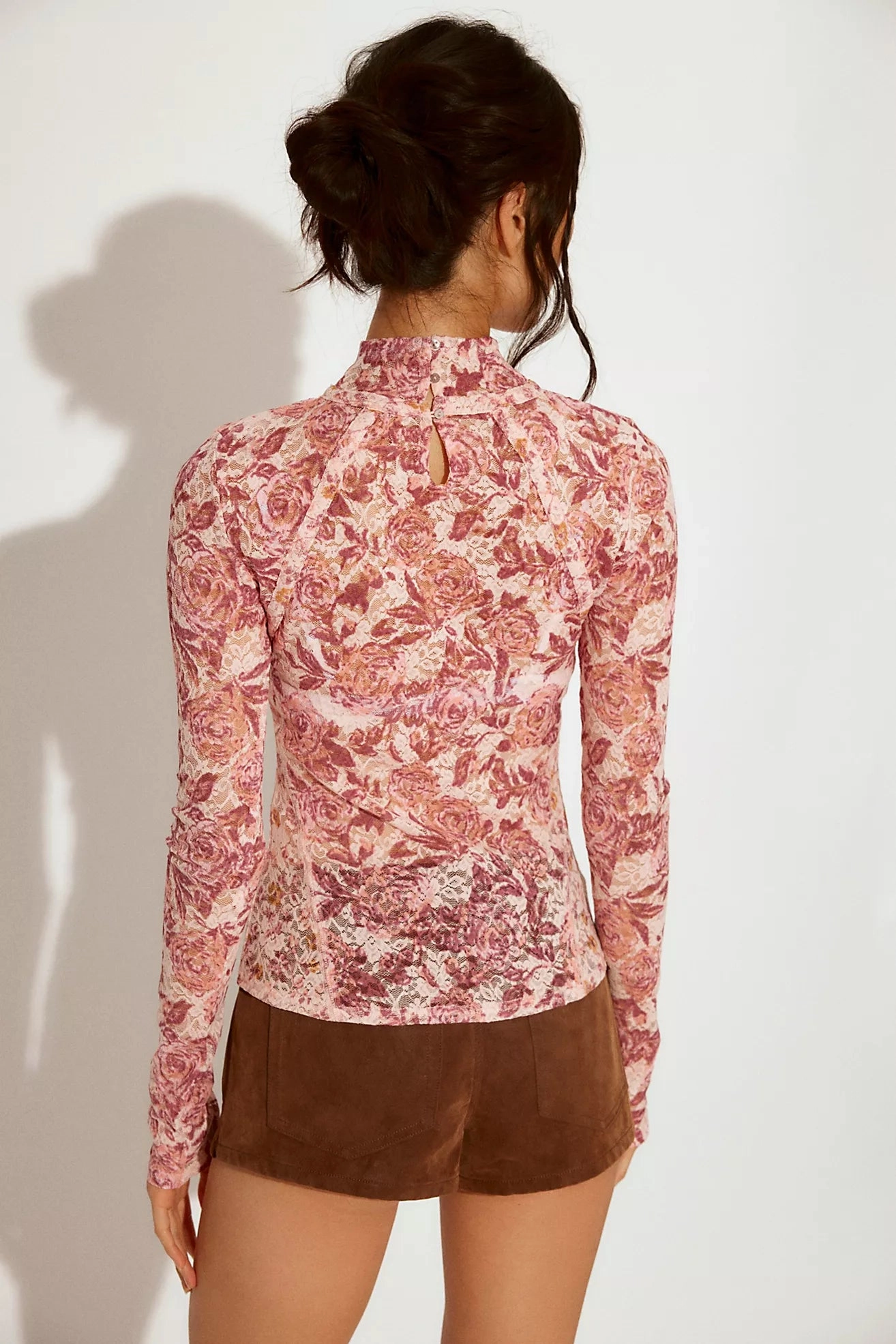 Lyric Sheer Lace Long Sleeve Turtleneck Top | Pink Combo Geometric Print Functional Fashion