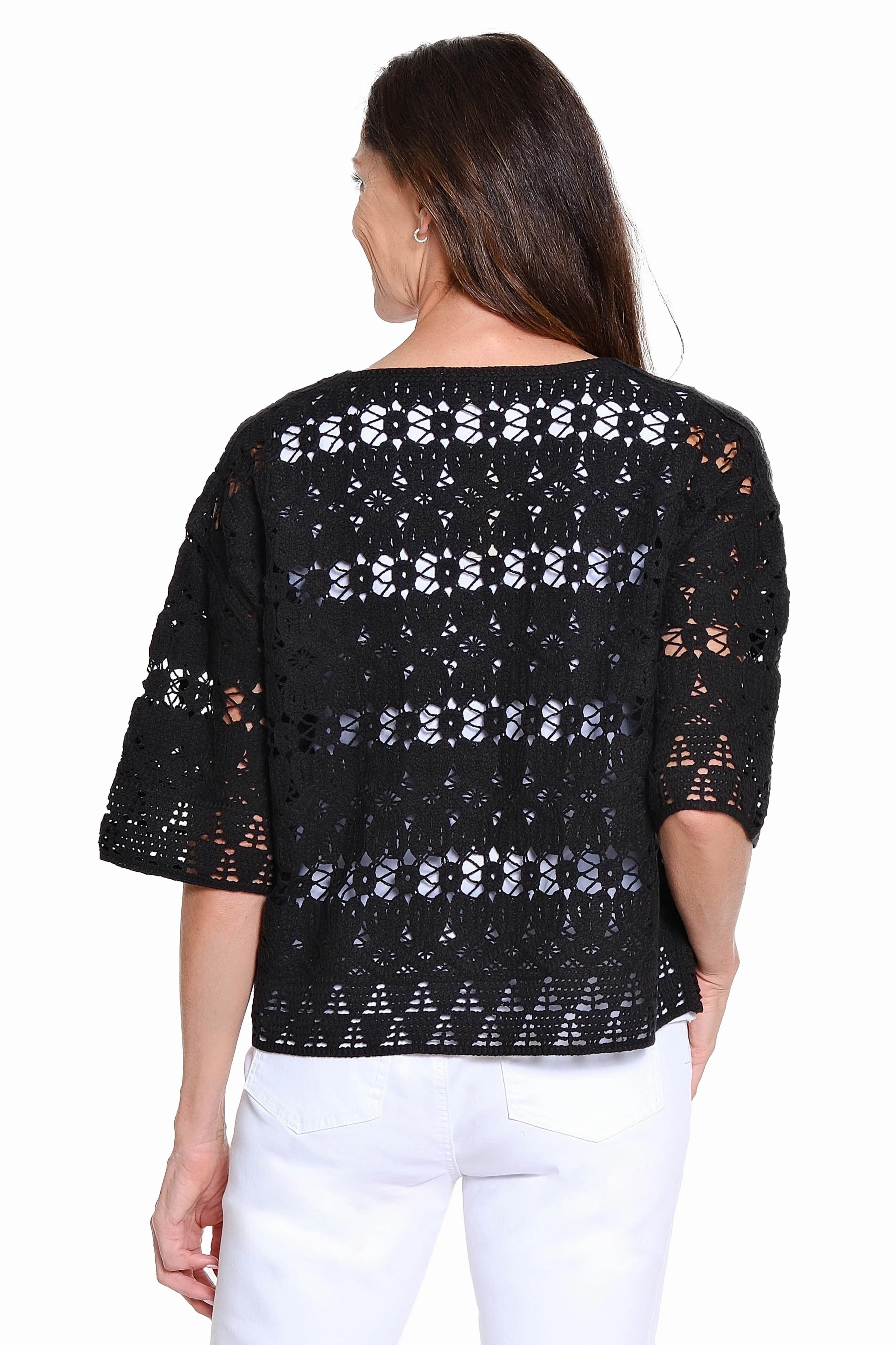 Machine Crochet Popover Top ?C Black Adjustable Hemline