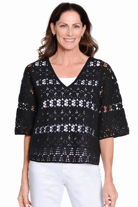 Ventilated Back Panels Machine Crochet Popover Top ?C Black