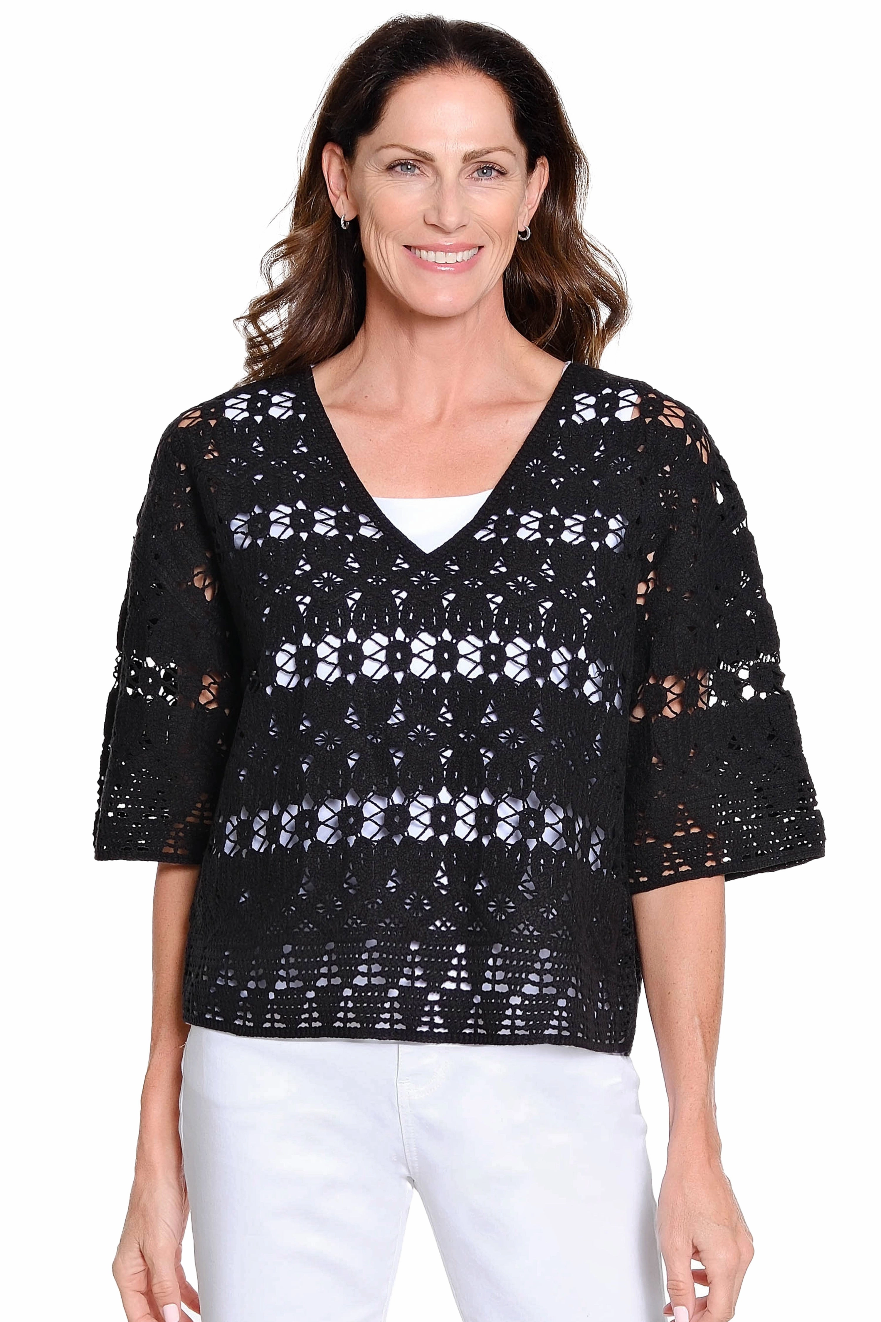 Ventilated Back Panels Machine Crochet Popover Top ?C Black