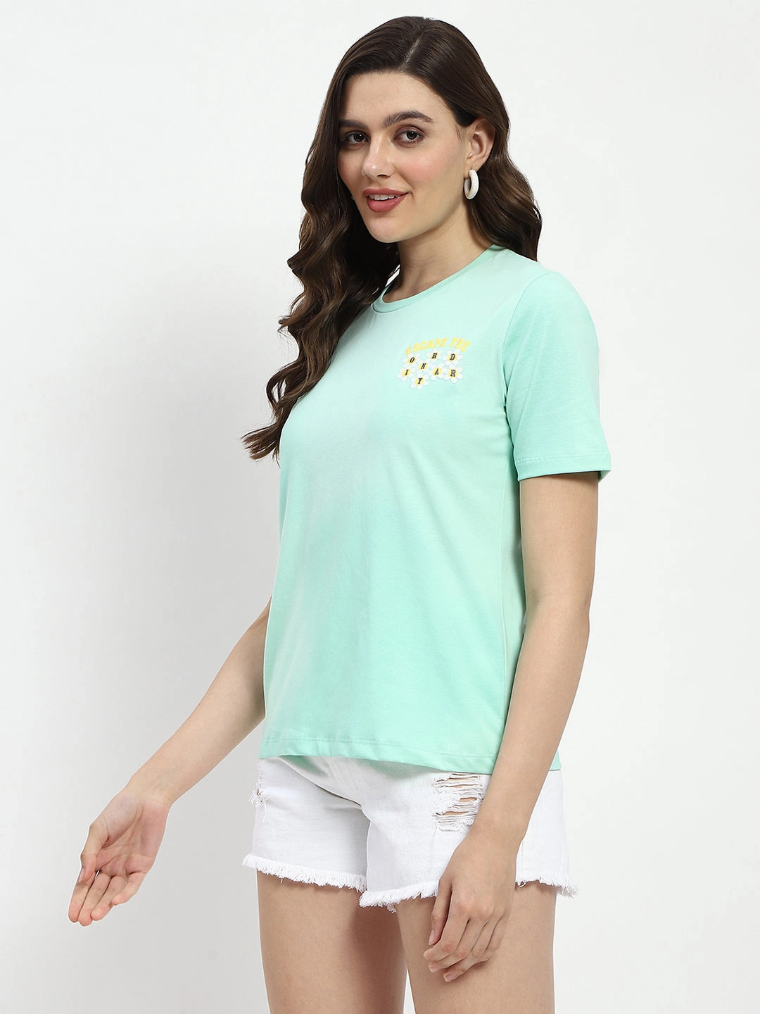 Madame 3D Print Monochromatic Cotton Mint T-Shirt High Neck Design Self Cleaning Coating