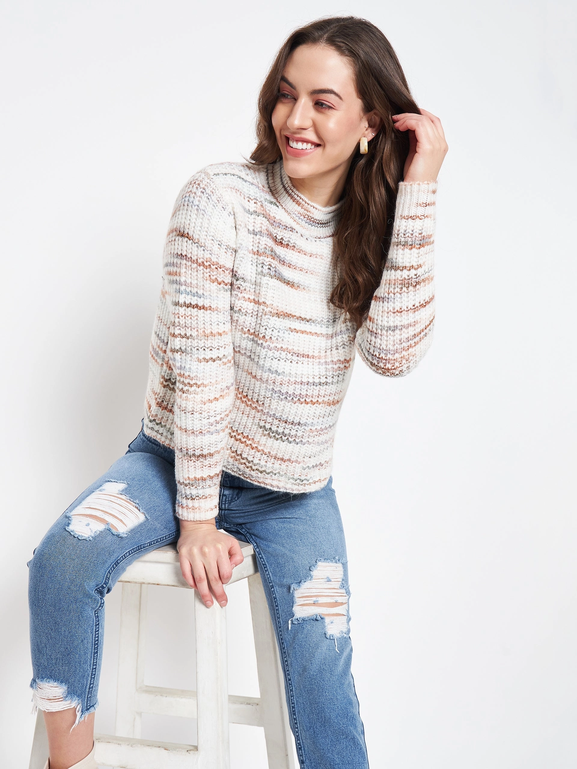 Effortless Knit Madame Abstract Knit White Sweater For Women