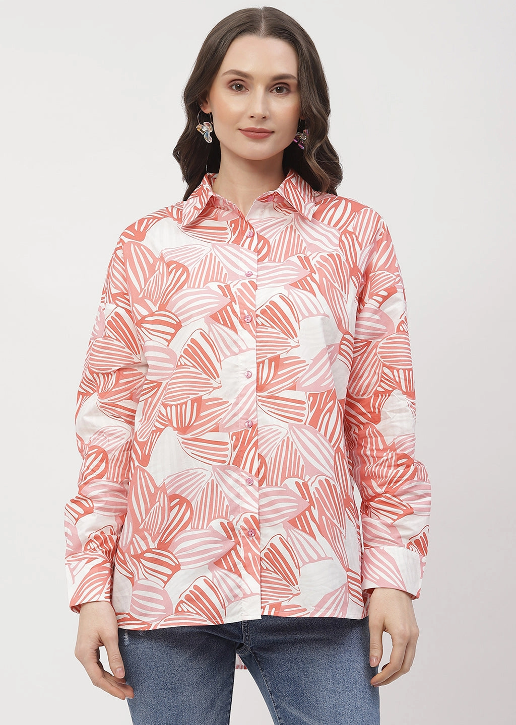 Madame Abstract Print Brick Orange Regular Shirt Resort Wear Sleepwear