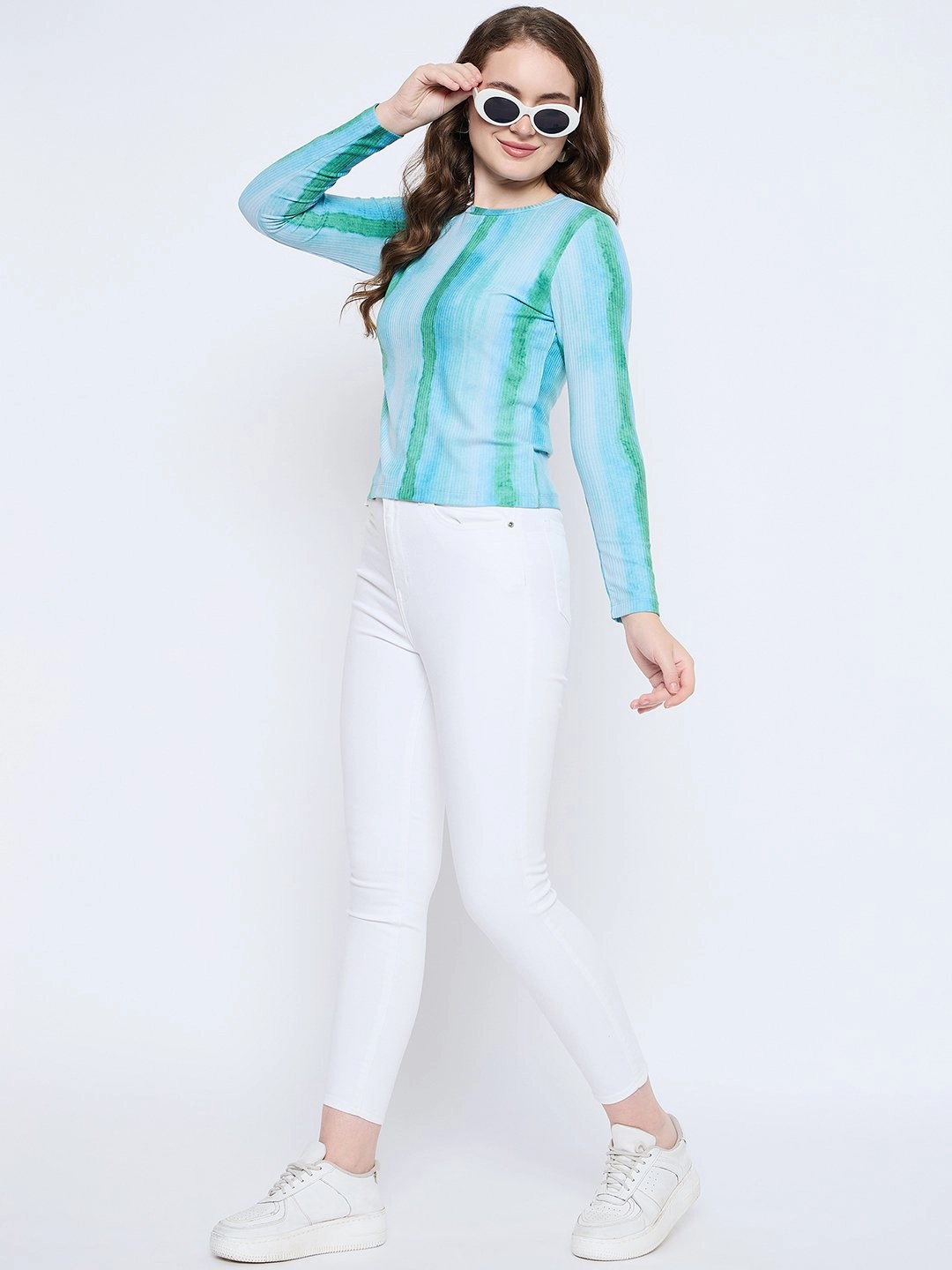 MultiPanel Design Madame Abstract Print Crew Neck Loose Fit Mint Green Top