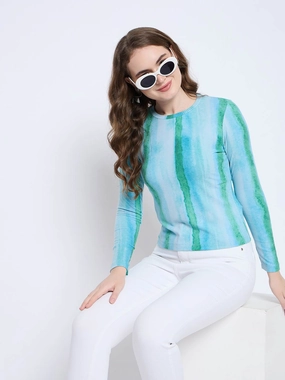 Madame Abstract Print Crew Neck Loose Fit Mint Green Top Four Way Stretch