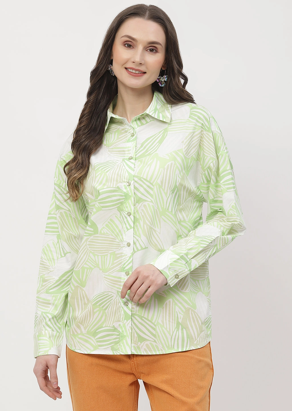Hooded Option Madame Abstract Print Lime Green Regular Shirt