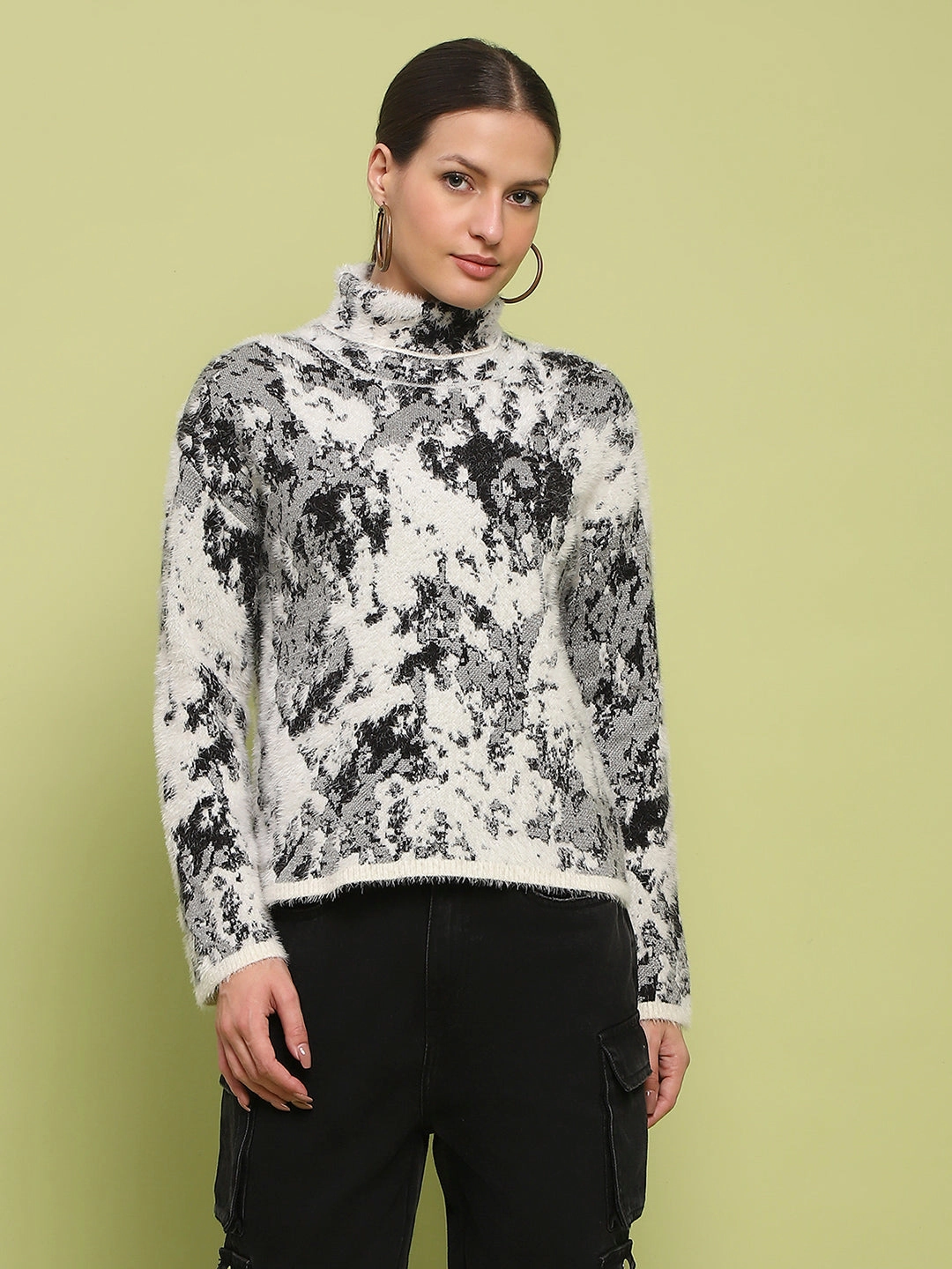 Madame Abstract Print Mock Neck Off White Sweater Warm Core