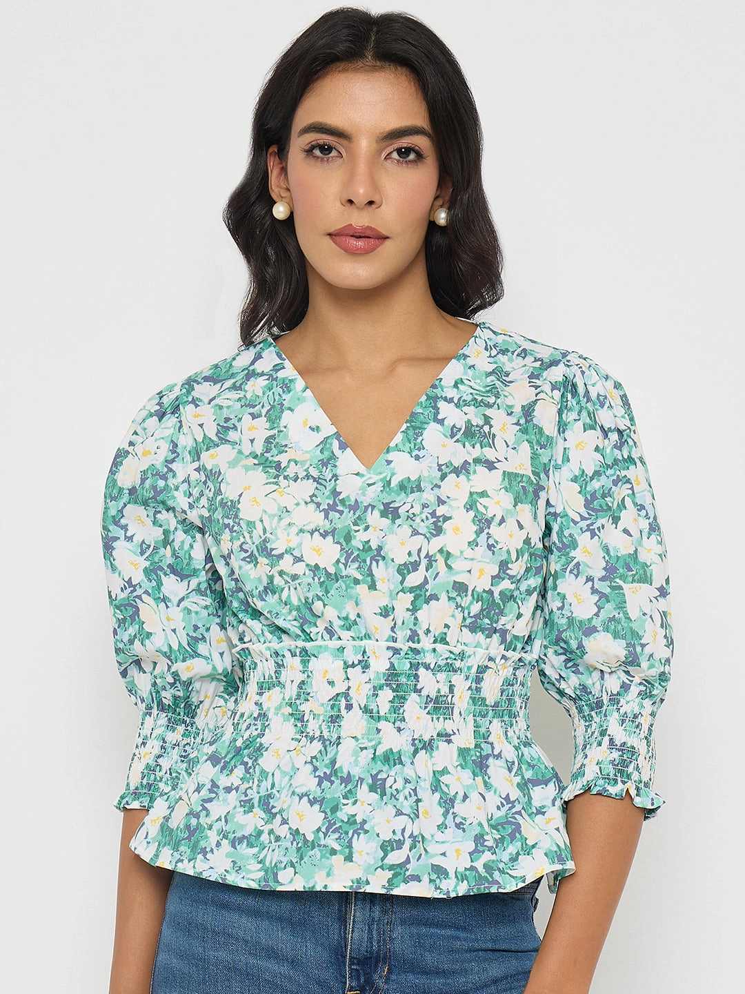 Madame Abstract Print Nylon Blend Pink Peplum Top Lightweight Thermal