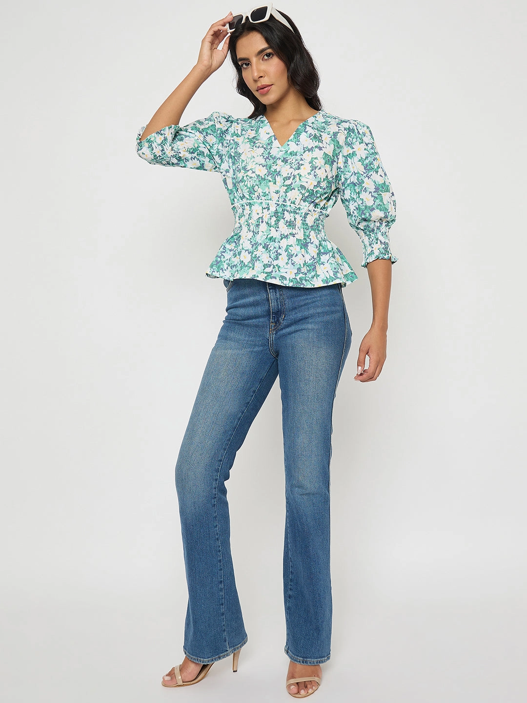 LongSleeve Madame Abstract Print Nylon Blend Pink Peplum Top