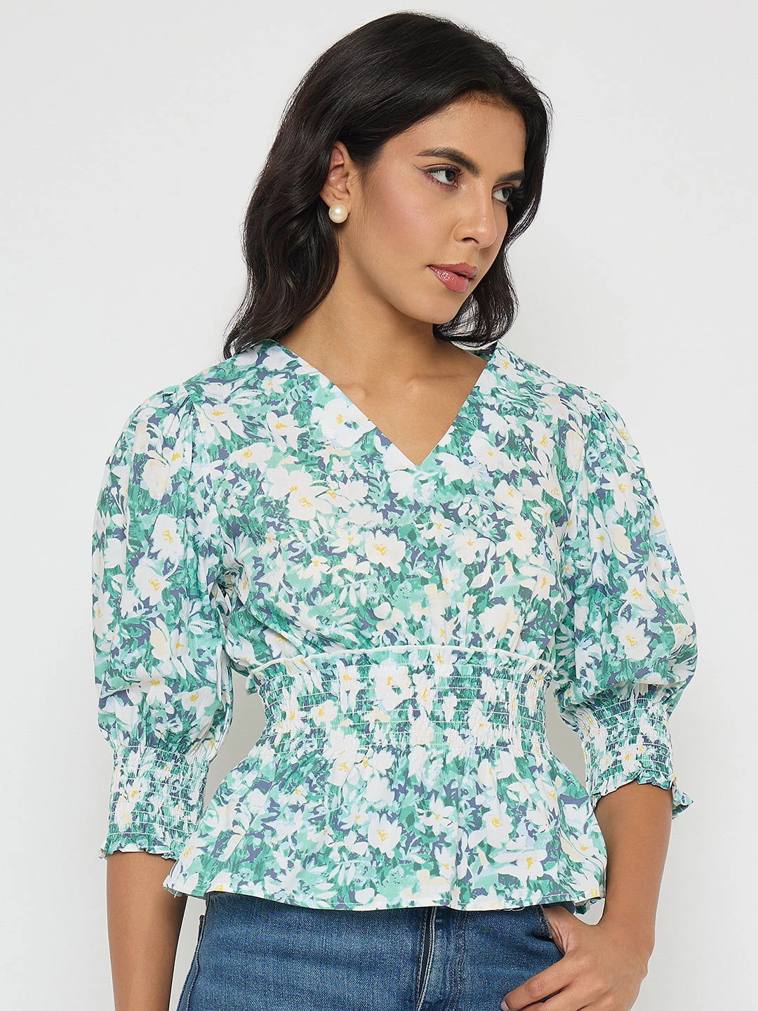 Madame Abstract Print Nylon Blend Pink Peplum Top LowMaintenance Fabric Reversible design