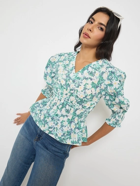 Madame Abstract Print Nylon Blend Pink Peplum Top PlacketDetail