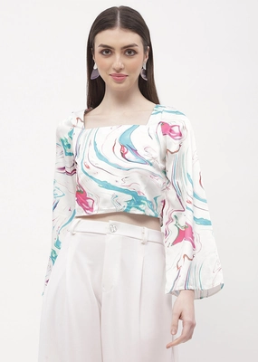 Madame Abstract Print Off-White Bell Sleeve Crop Top Minimalist Detailing FadeResistant Coating