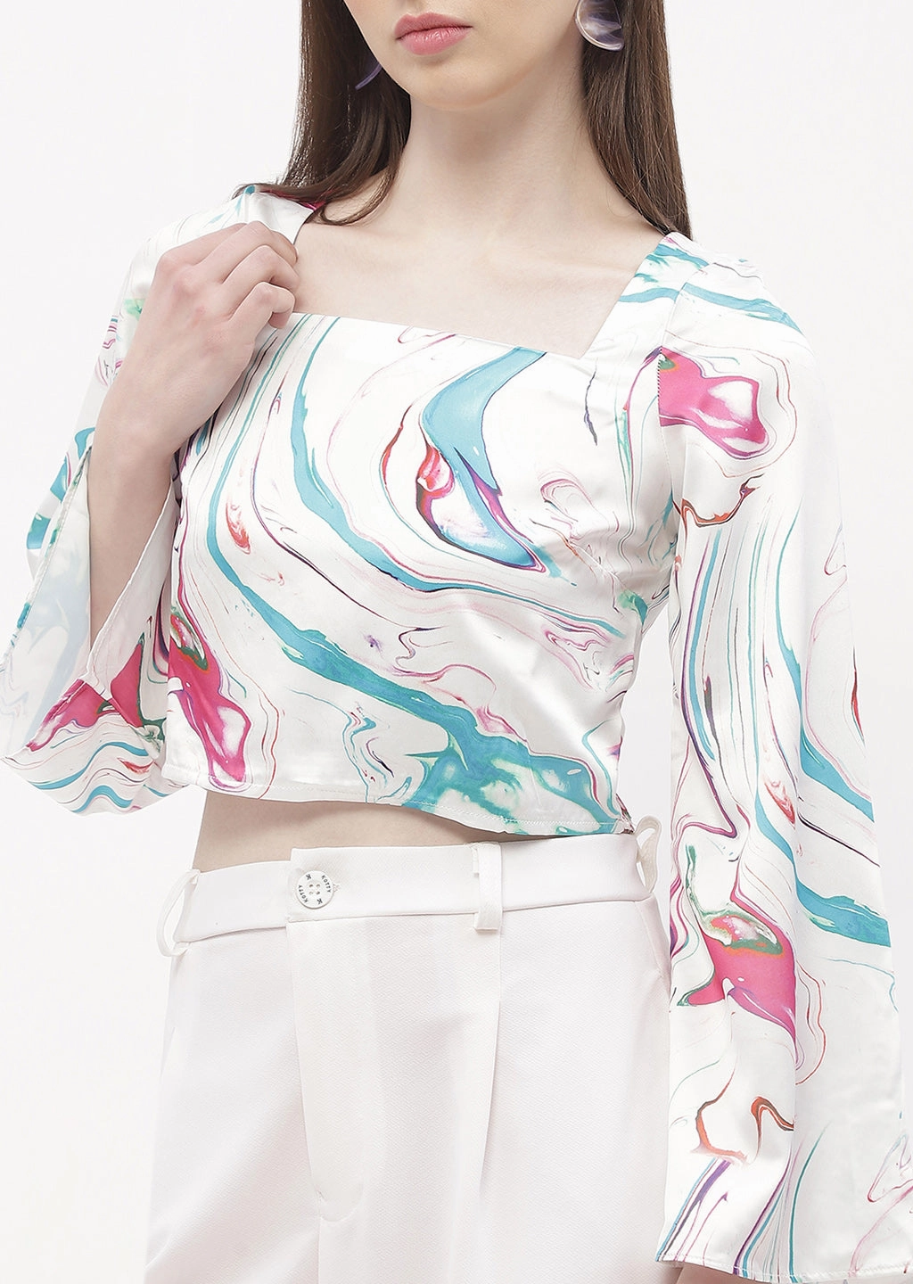 Temperature control Madame Abstract Print Off-White Bell Sleeve Crop Top