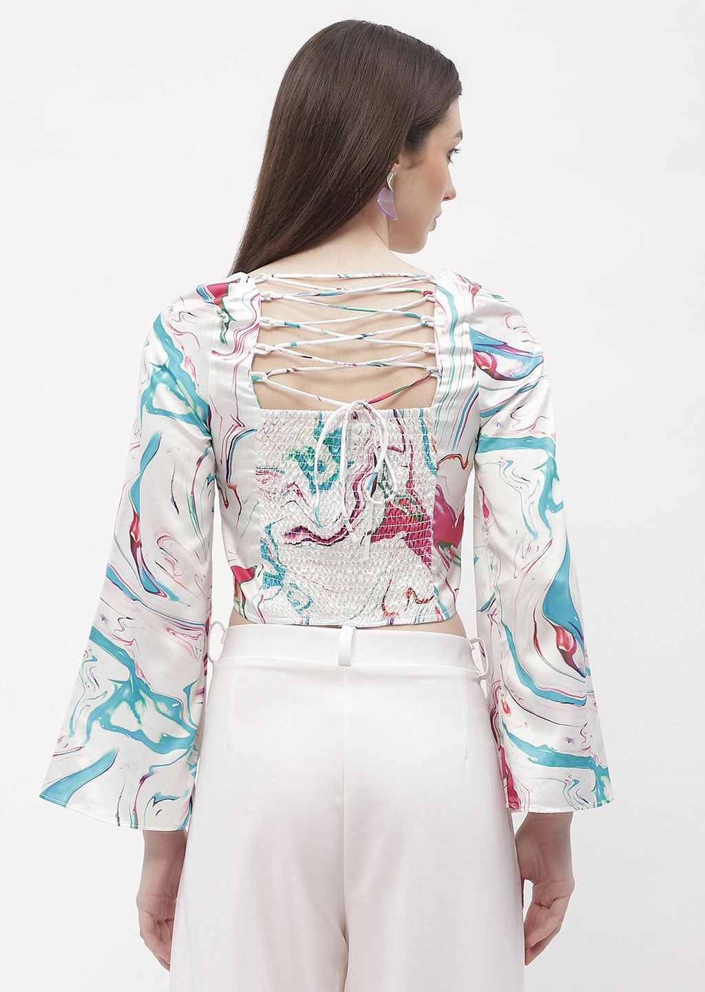 QuickPackFoldableDesign Madame Abstract Print Off-White Bell Sleeve Crop Top