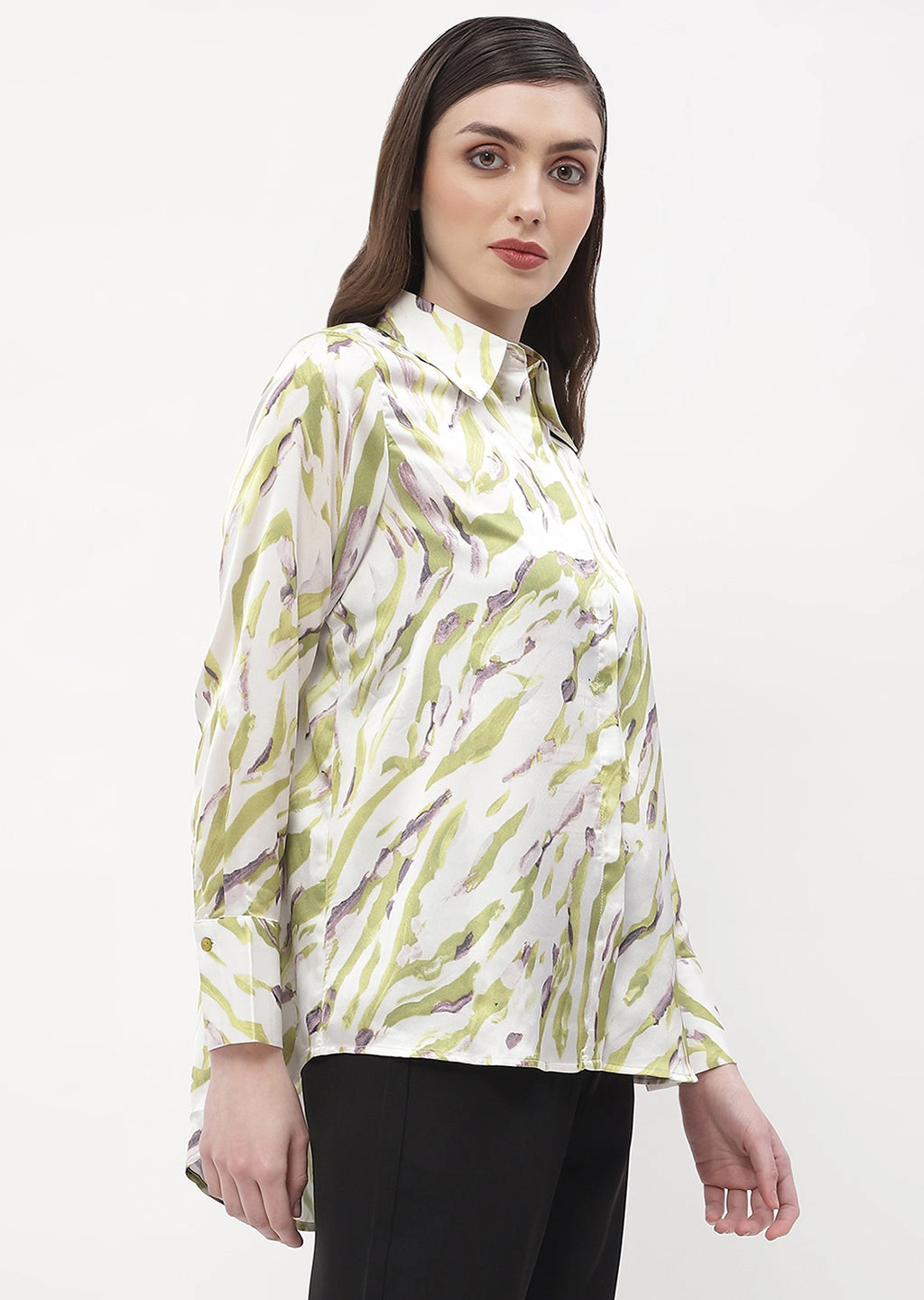 Anti Static Fabric Madame Abstract Print Olive Green Regular Shirt