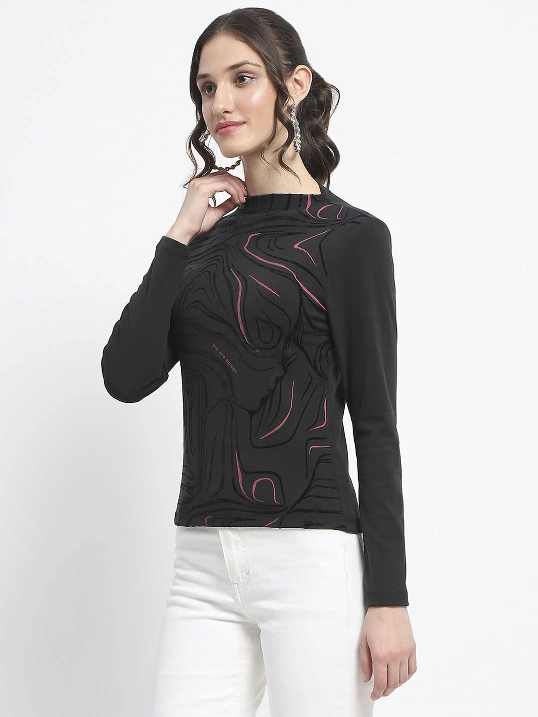 Madame Abstract Print Sleeve Crew Neck Black Top FlexibleRibbing Summer Polo