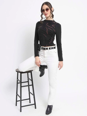 Madame Abstract Print Sleeve Crew Neck Black Top Ventilated Side Panels Snag Resistant Fabric