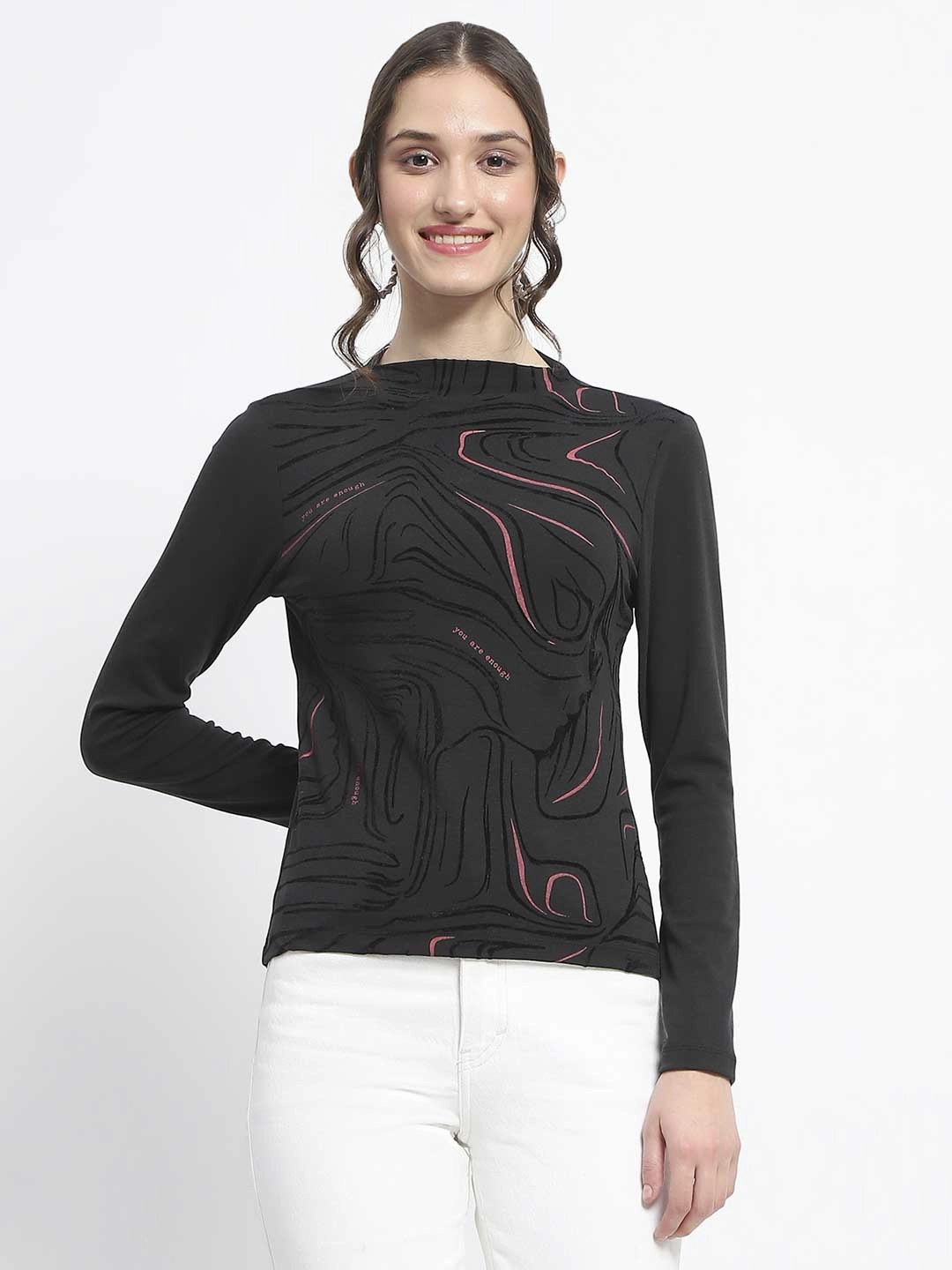 Madame Abstract Print Sleeve Crew Neck Black Top Tagless Neckline Design