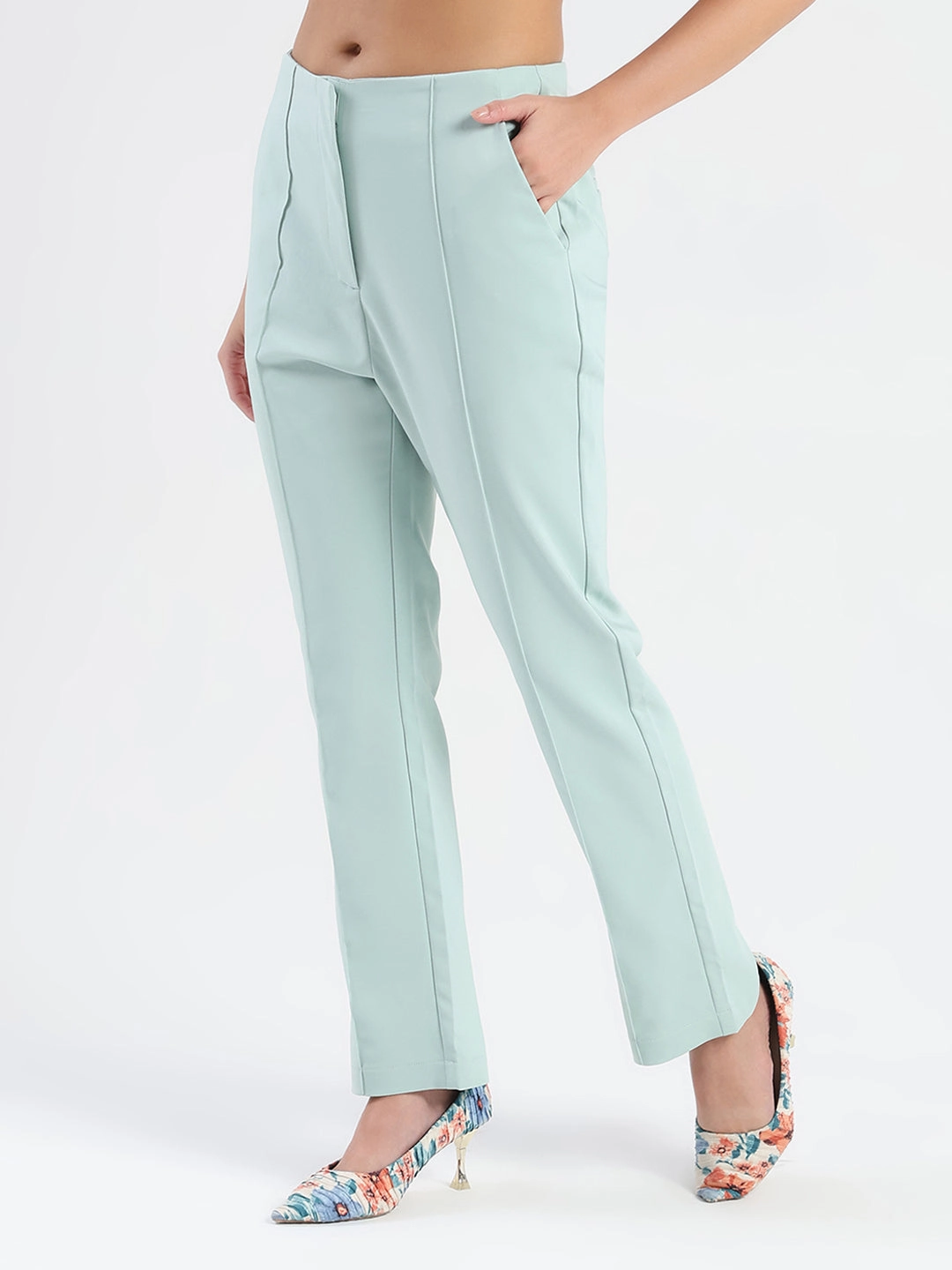Madame Alex Front Pintuck Detailed Mint Green Trousers Casual Stretch Wear