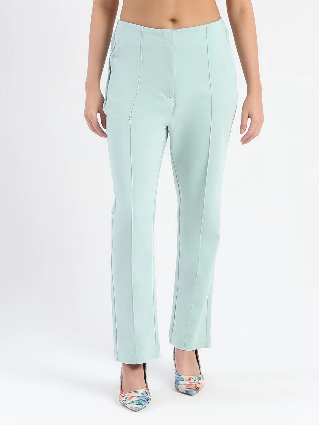 Stretchy Waist Soft Finish Madame Alex Front Pintuck Detailed Mint Green Trousers