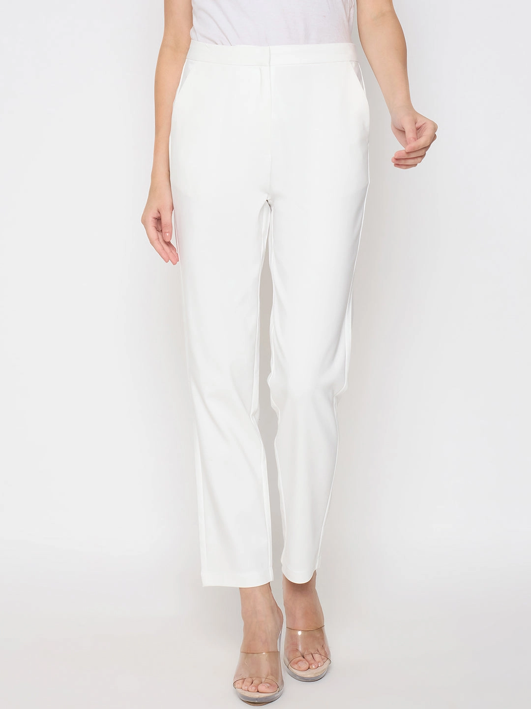 Madame Alex Waist Belt Detail Solid White Trousers All Day Use