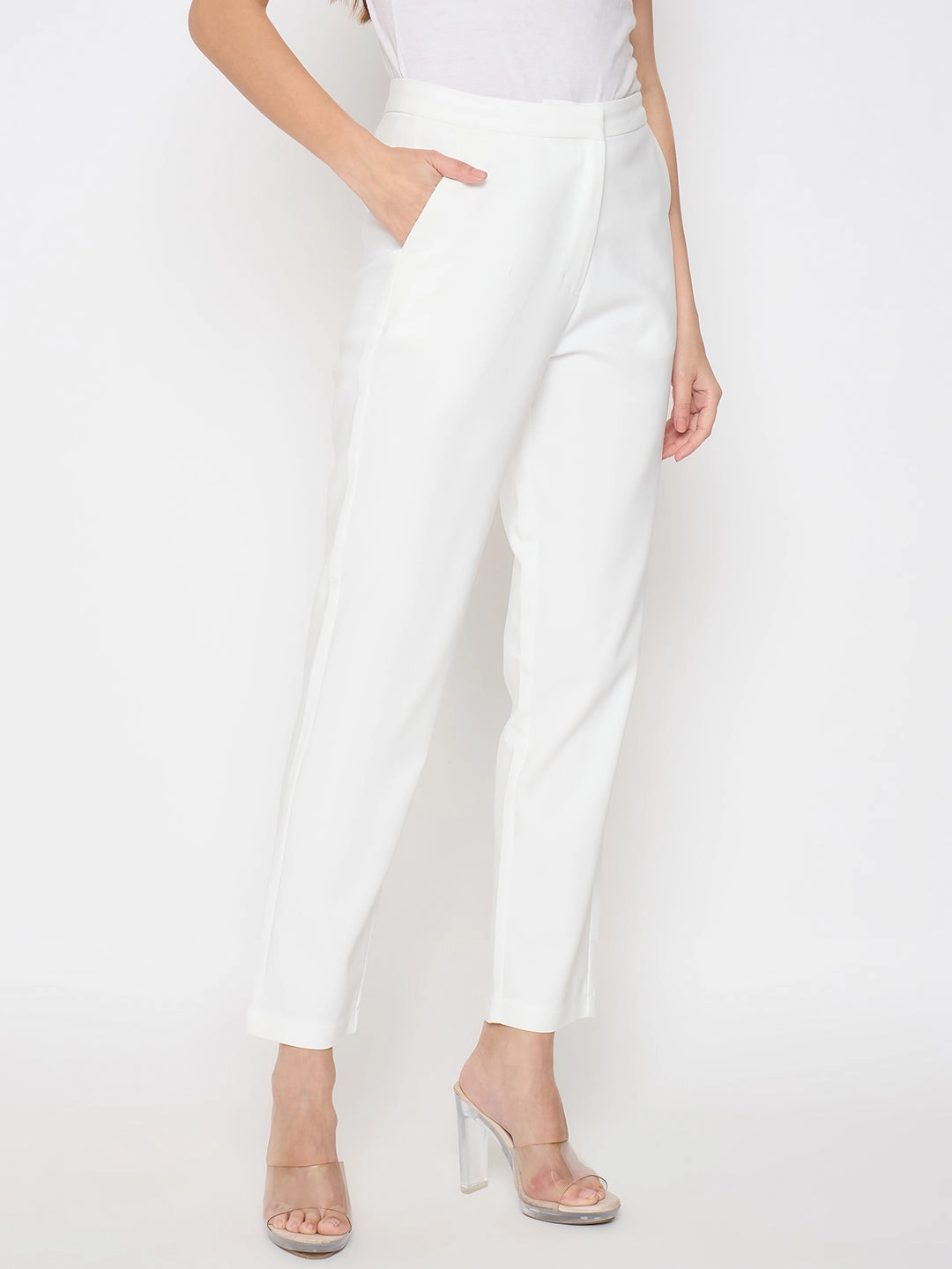 Breath Friendly No Bunching Madame Alex Waist Belt Detail Solid White Trousers