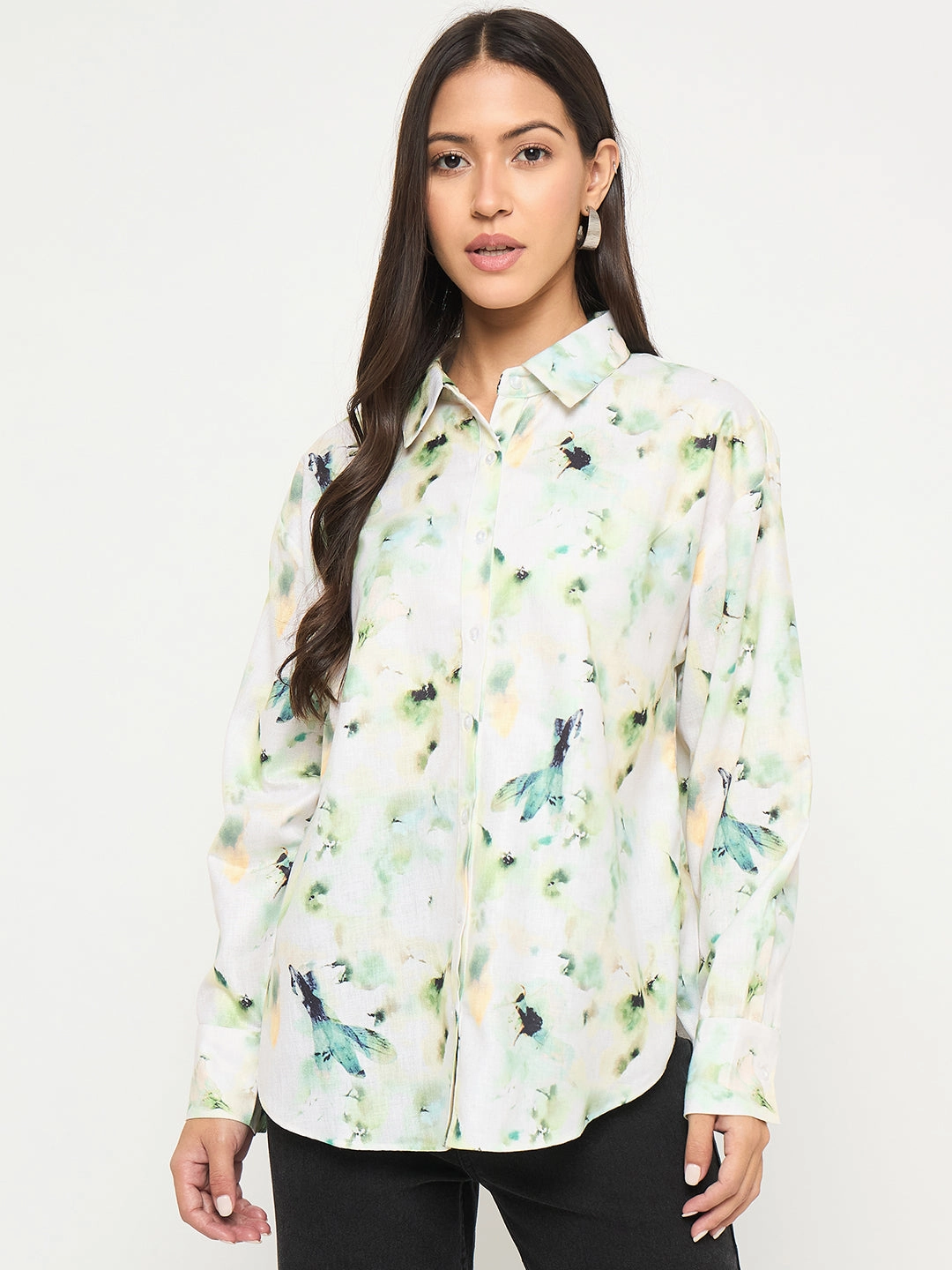 Madame All Over Botanical Print Lemon Yellow Shirt Stretchable Material Fashion Forward Design