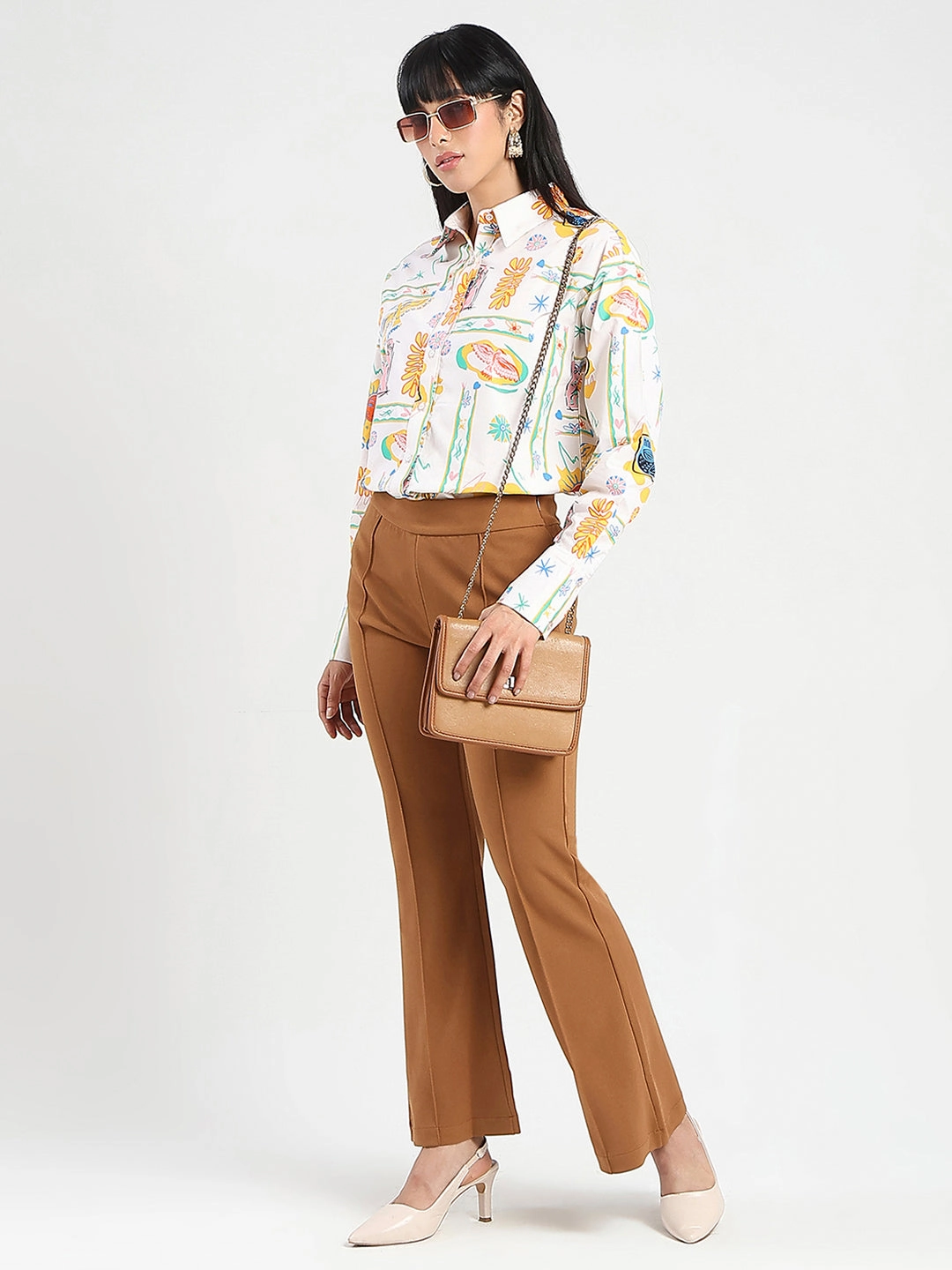 Summer Camp Madame All Over Print Beige Cotton Blend Shirt