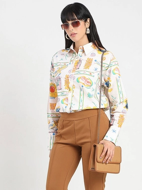 Networking Session Madame All Over Print Beige Cotton Blend Shirt