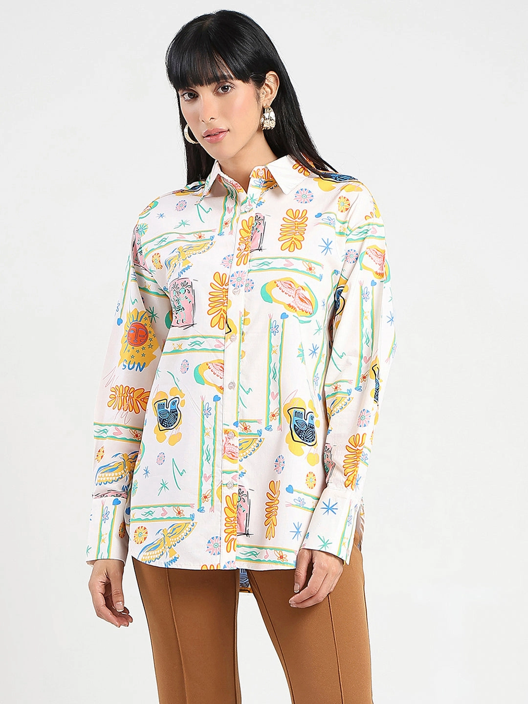 Weekend Wear Madame All Over Print Beige Cotton Blend Shirt