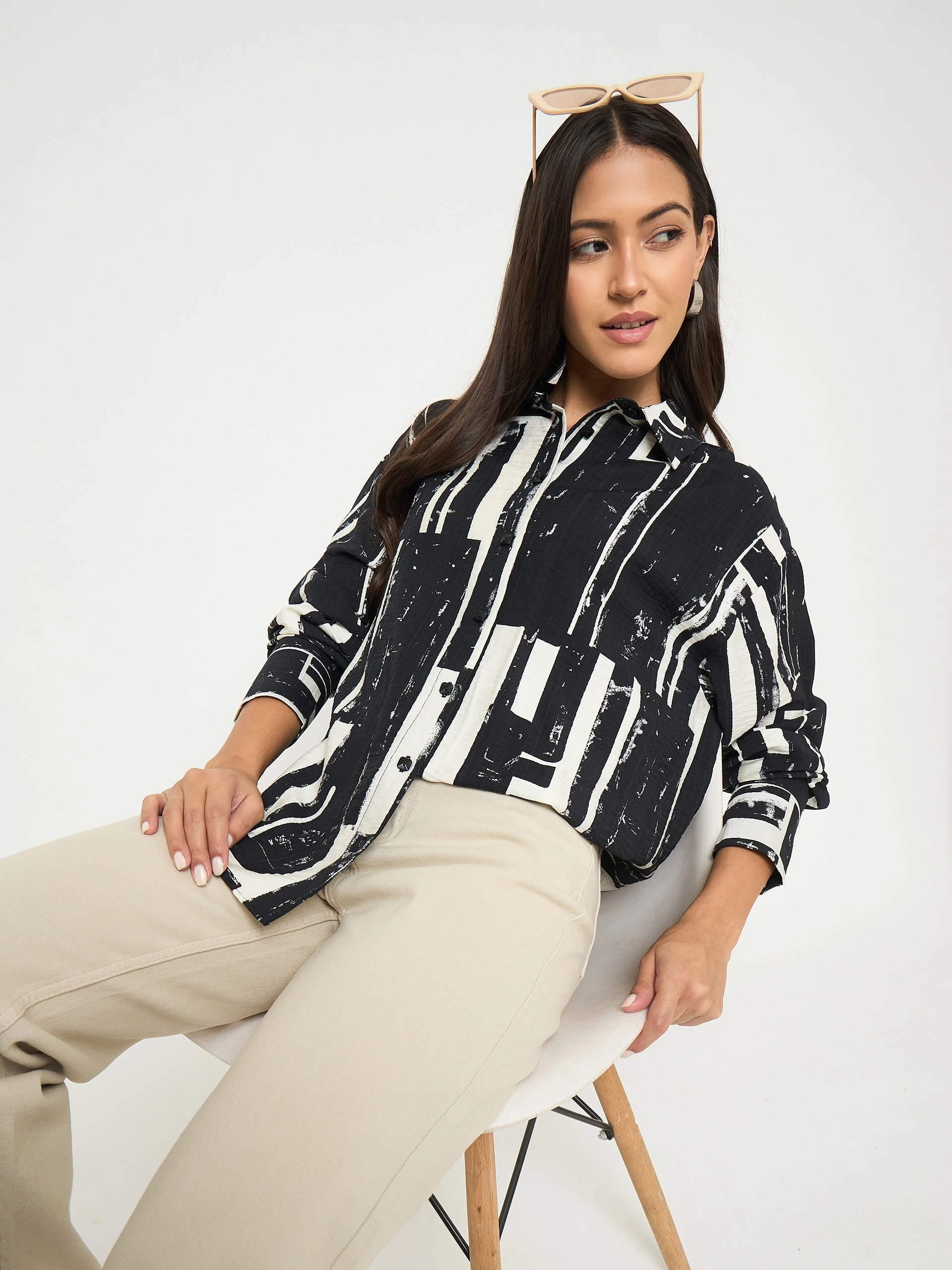 Madame All Over Print Black Cotton Blend Full Shirt Versatile Design