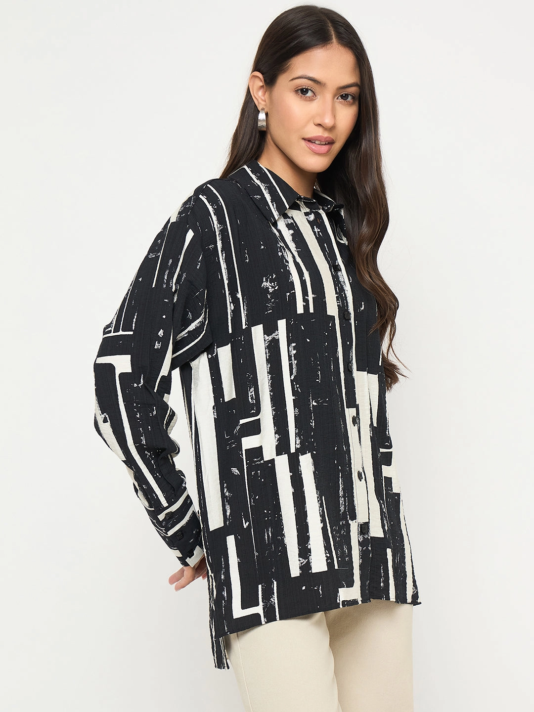 Madame All Over Print Black Cotton Blend Full Shirt Sporty Appeal Reinforced Buttonholes