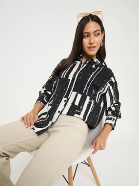 Madame All Over Print Black Cotton Blend Full Shirt Versatile Design